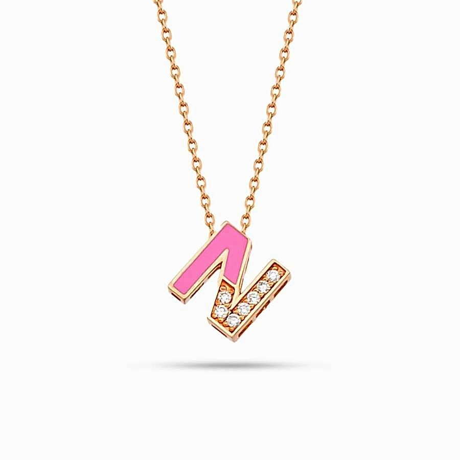 0.04 CT Pırlanta Taşlı Ve Pembe Mineli N Harf Kolye - Pırlanta Harf Kolyeler